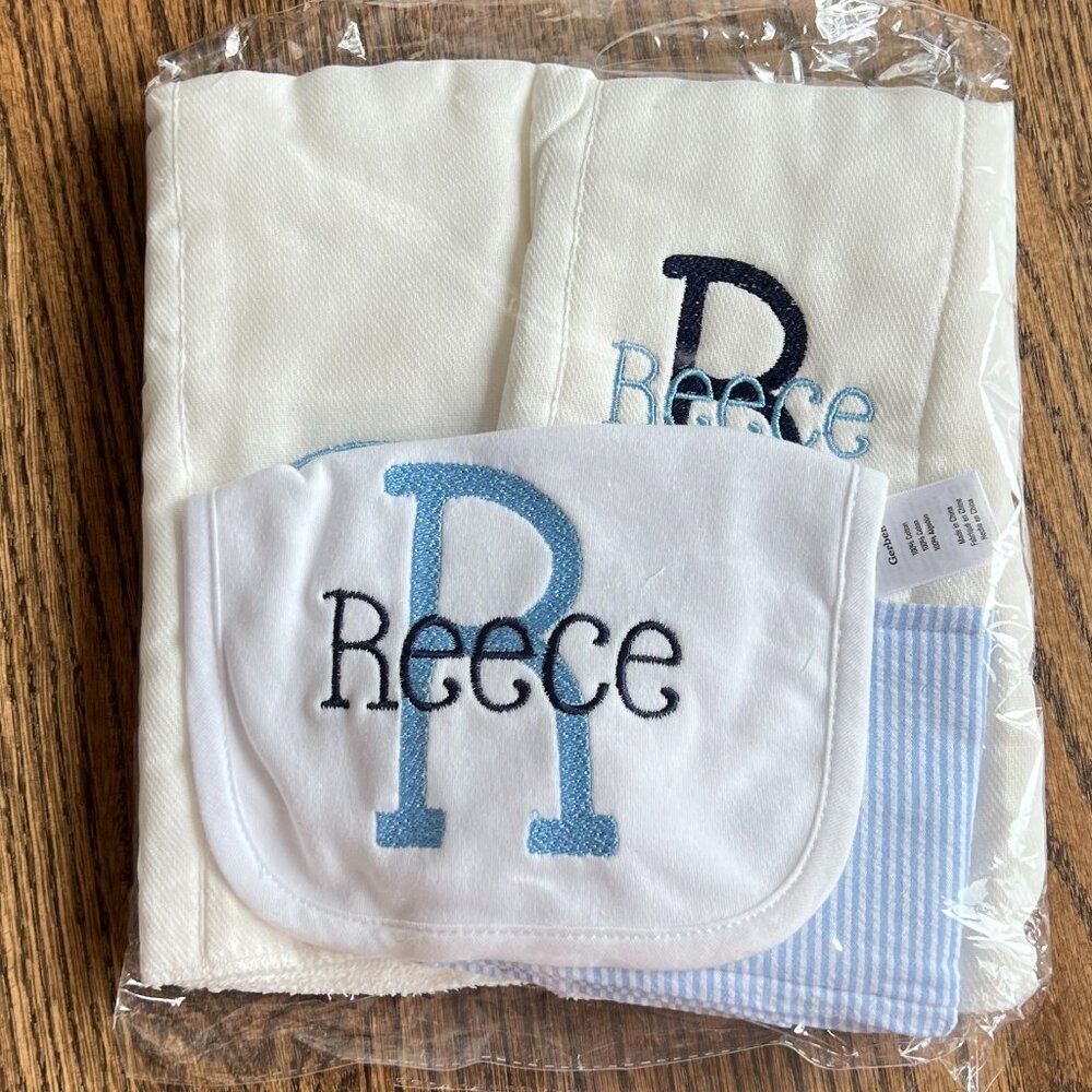 REECE personalized blue and white bib and burp cloths